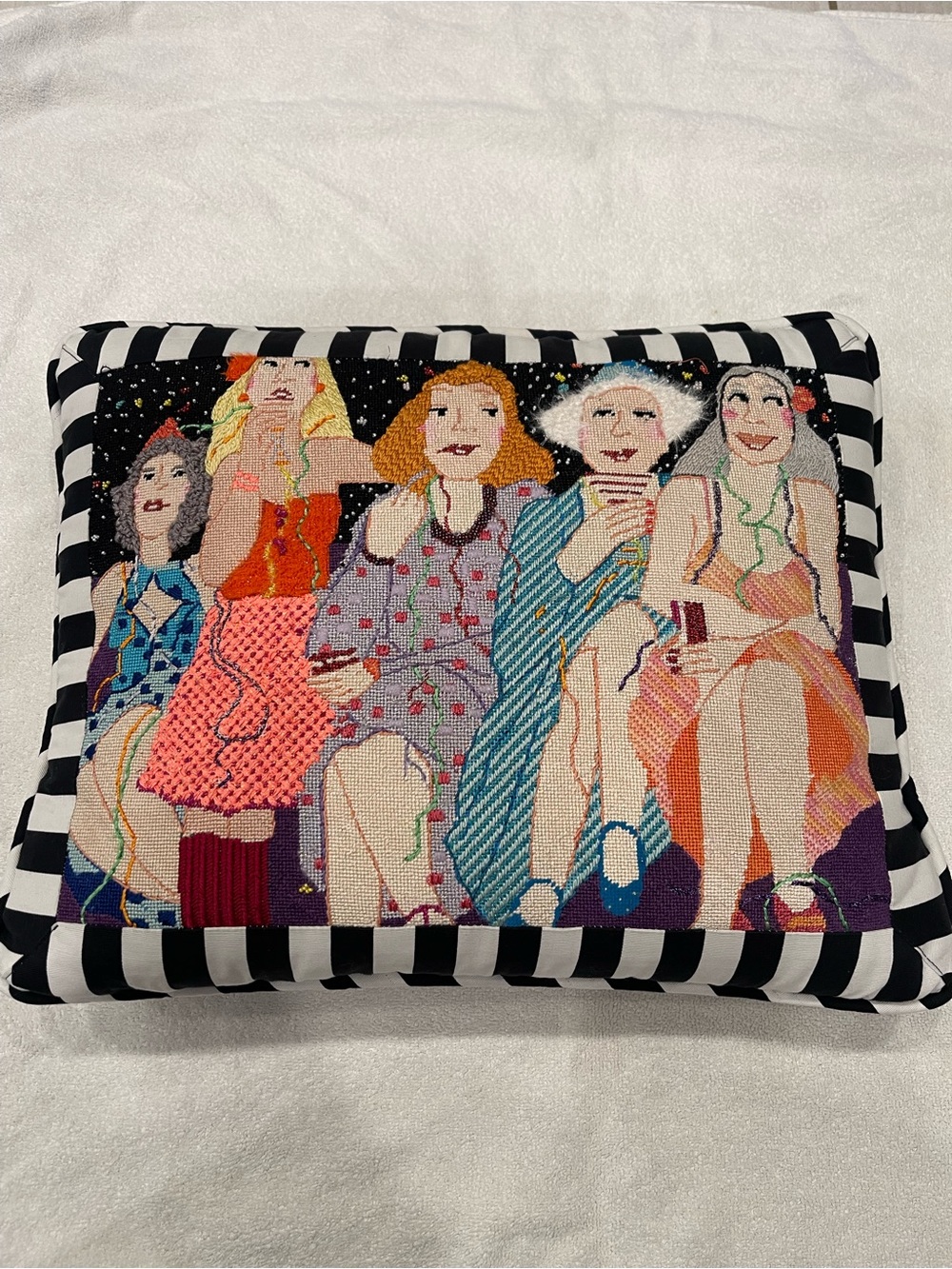 Fun handmade needlepoint pillow colorful Friendship Girlfriends socializing